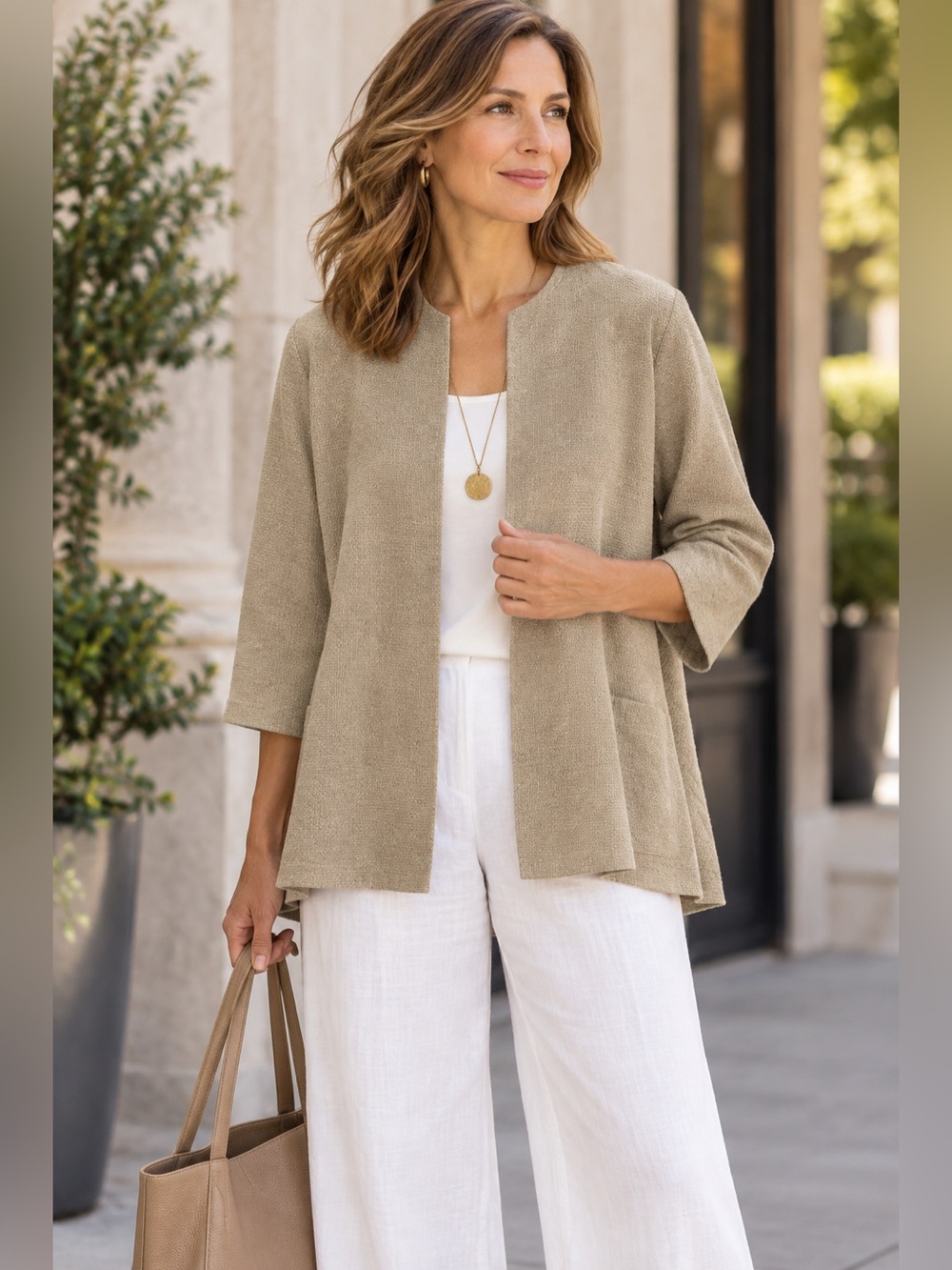 Eileen Fisher Petite Linen Cotton Blend Open Front Jacket PM Taupe
